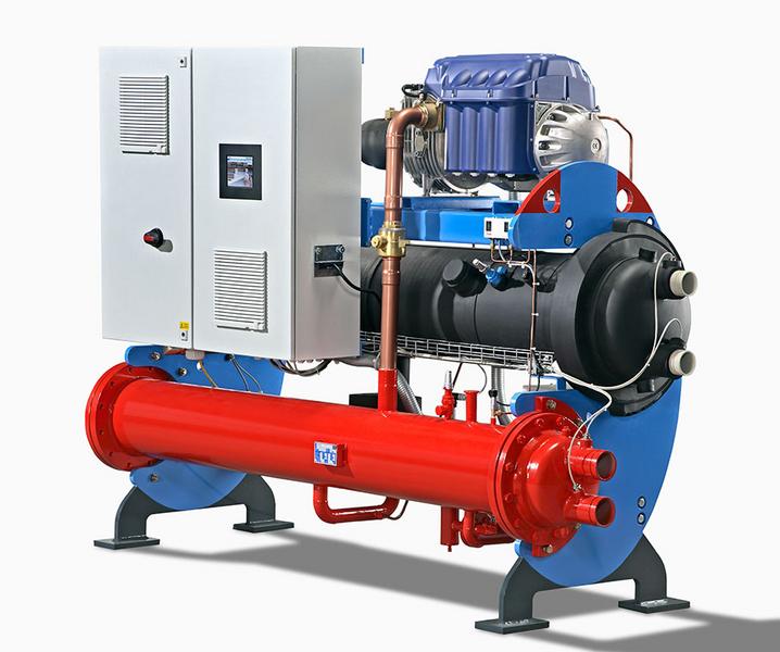 Kaeltemaschine Eine industrielle Maschine mit einem großen, roten Zylinder und einem blauen Gehäuse. An der Seite befindet sich ein Steuerkasten mit einem Display. Die Maschine ist auf einem stabilen Sockel montiert und hat verschiedene Rohre und Anschlüsse.