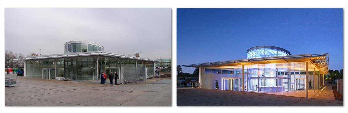 Empfang Zwei moderne Gebäude sind nebeneinander abgebildet. Links ist ein transparentes, glasverkleidetes Gebäude bei grauem Wetter mit Menschen davor zu sehen. Rechts zeigt ein ähnliches Gebäude bei Nacht in warmer Beleuchtung, das architektonische Details und eine runde Dachgestaltung aufweist.