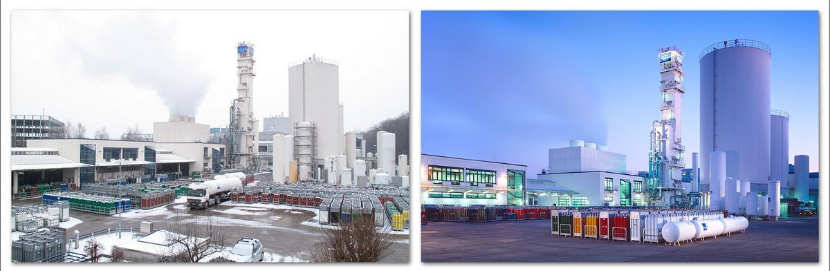 Werksansicht Zwei Industrielandschaften nebeneinander. Links eine Fabrik mit Schnee und rauchenden Schornsteinen. Rechts eine modernere Anlage bei Dämmerung, erleuchtet durch künstliches Licht, mit großen Lagertanks und verschiedenen Behältern im Vordergrund.