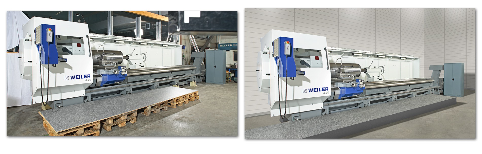 Drehbank Zwei Ansichten einer großen Maschinenbearbeitungsanlage, die auf einem stabilen Untergrund steht. Die Maschine hat ein geclöntes Design mit einem blauen Bedienfeld und verschiedenen Steuerungen. Der Hintergrund zeigt eine Werkstattumgebung mit neutralen Wänden und indirekter Beleuchtung.