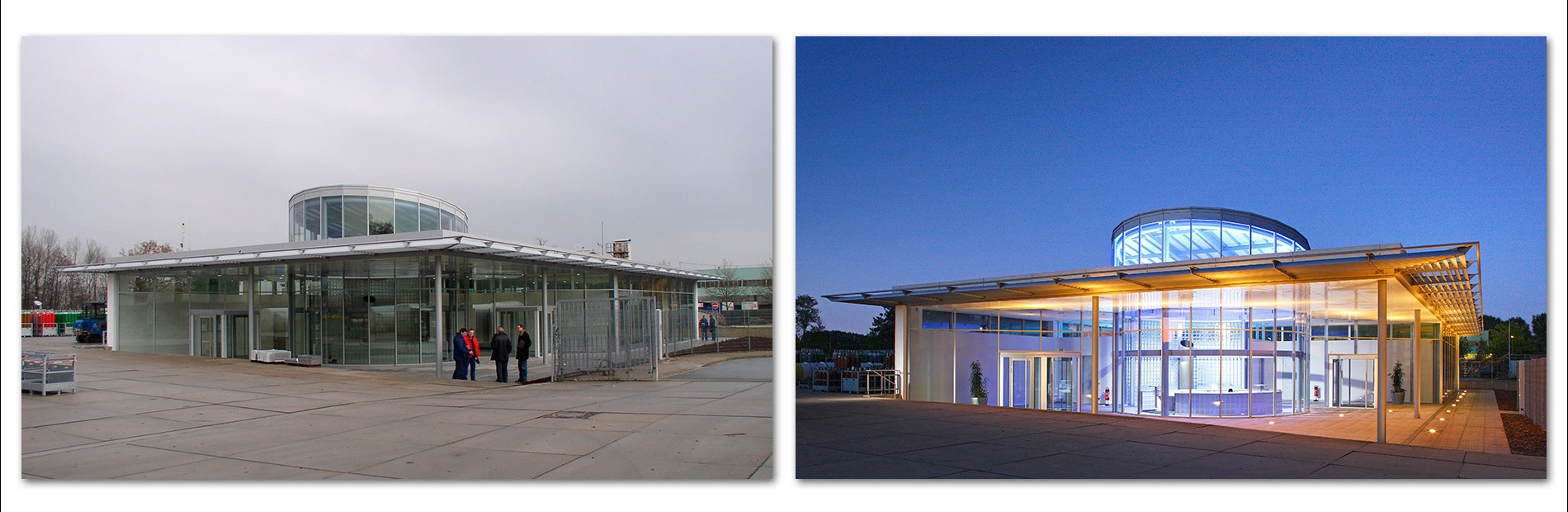 Empfang Zwei moderne Gebäude sind nebeneinander abgebildet. Links ist ein transparentes, glasverkleidetes Gebäude bei grauem Wetter mit Menschen davor zu sehen. Rechts zeigt ein ähnliches Gebäude bei Nacht in warmer Beleuchtung, das architektonische Details und eine runde Dachgestaltung aufweist.