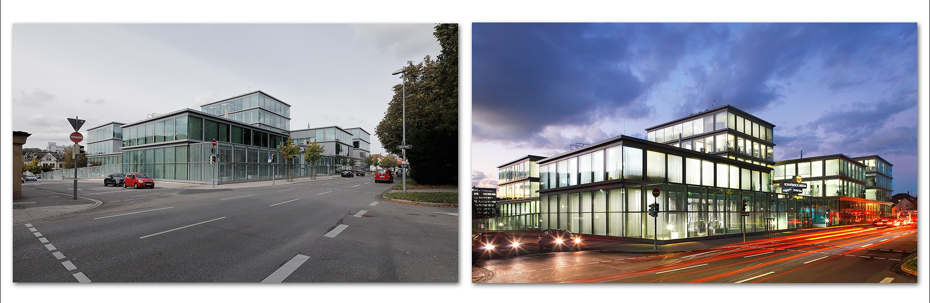 Redaktionsgebaeude Zwei Ansichten eines modernen, gläsernen Gebäudes. Die linke Seite zeigt das Gebäude bei Tageslicht, während die rechte Seite einen nächtlichen Blick mit Beleuchtung zeigt. Beide Seiten zeigen die architektonische Gestaltung und die umgebenden Straßen.
