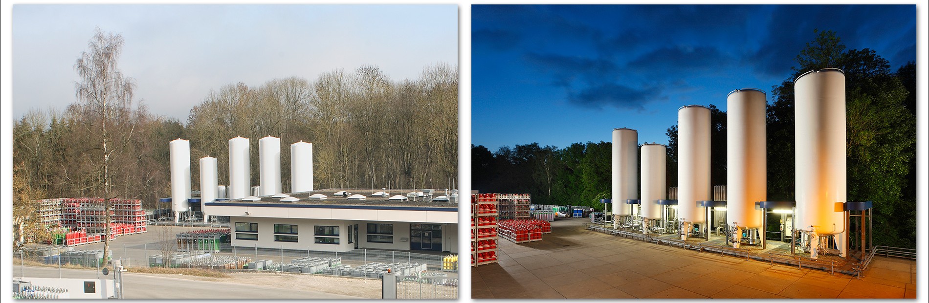 Silos Zwei Bilder nebeneinander: Links eine fabrikartige Struktur mit großen silbernen Silos, umgeben von Bäumen. Rechts dieselbe Szene bei Nacht, mit beleuchteten Silos, die einen orangenen Schein abgeben.