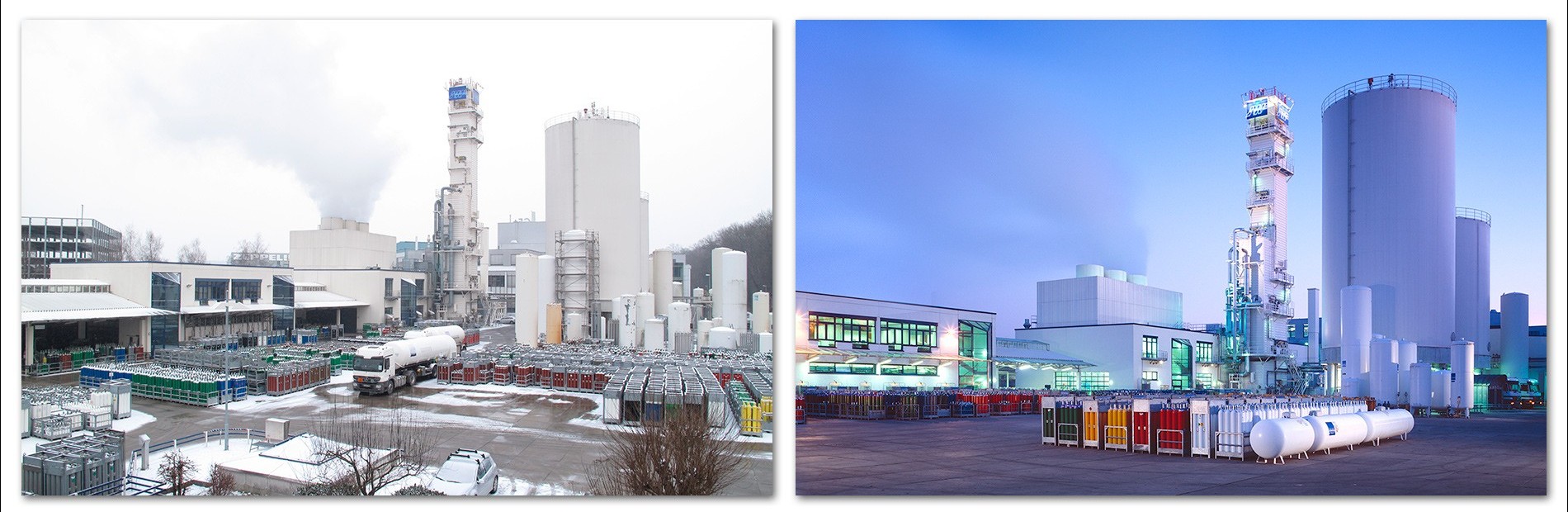 Werksansicht Zwei Industrielandschaften nebeneinander. Links eine Fabrik mit Schnee und rauchenden Schornsteinen. Rechts eine modernere Anlage bei Dämmerung, erleuchtet durch künstliches Licht, mit großen Lagertanks und verschiedenen Behältern im Vordergrund.