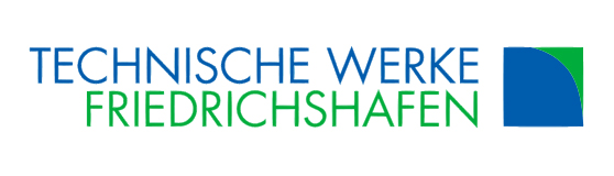 Logo der Technischen Werke Friedrichshafen, bestehend aus blauem und grünem Schriftzug sowie einem geometrischen Symbol in Blau und Grün.