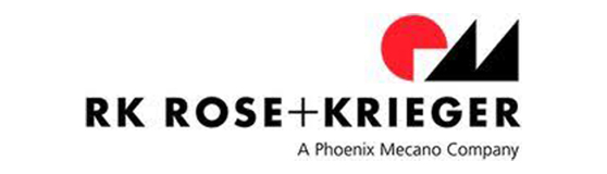Logo von RK Rose+Krieger, einer Phoenix Mecano Company. Es zeigt den Schriftzug "RK ROSE+KRIEGER" in klarer Schriftart, ergänzt durch ein rotes Kreis- und ein stilisierte Bergsymbol. Das Design ist modern und einfach, um das Unternehmen zu repräsentieren.
