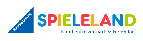 Logo von Ravensburger mit dem Schriftzug "SPIELELAND" in bunten Buchstaben. Darunter steht "Familienfreizeitpark & Feriendorf". Das Design ist ansprechend und kinderfreundlich.