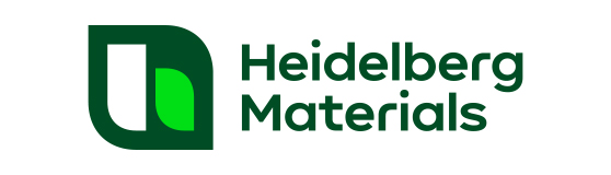 Logo von Heidelberg Materials, bestehend aus einem stilisierten grünen Blatt und zwei geometrischen Formen in Weiß und Grün. Der Firmenname "Heidelberg Materials" ist rechts daneben in dunkler Schrift dargestellt.