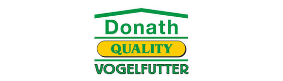 Logo von Donath, das "QUALITÄT" in gelber Schrift und "VOGELFUTTER" in grüner Schrift zeigt. Das Design hat eine einfache, klare Struktur mit einem Dachsymbol.