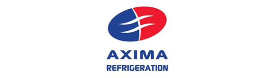 Logo von Axima Refrigeration. Ovale Form in Rot und Blau, mit geschwungenen Linien. Darunter steht der Firmenname "AXIMA" in großen Buchstaben und "REFRIGERATION" in kleineren Buchstaben.