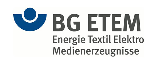 Logo der BG ETEM mit den Worten "Energie Textil Elektro Medienerzeugnisse" darunter. Das Logo zeigt ein stilisiertes, blaues Symbol über dem Namen.